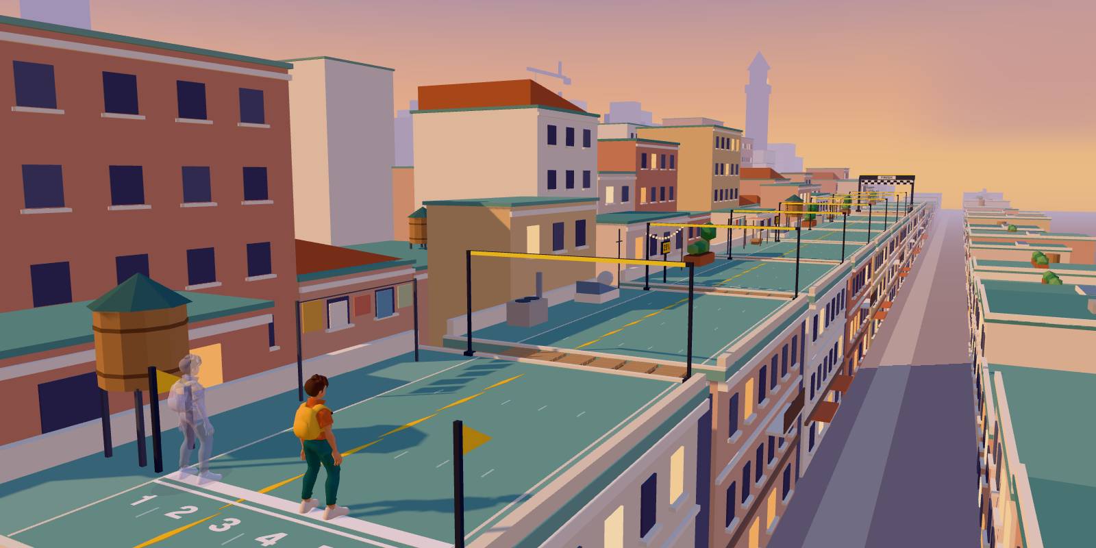 TypeDash’s rooftop course, with a runner and a translucent practice ghost at the start